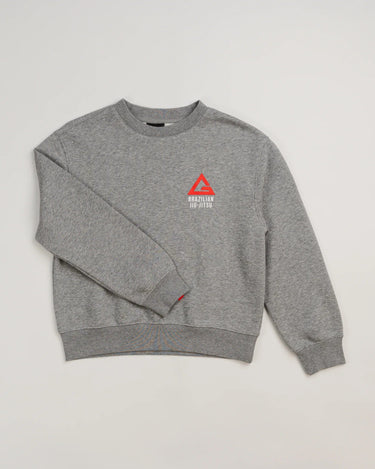 Grey Arte Suave V2 kids crewneck sweatshirt by Gracie Barra, featuring Legacy G chest logo and ribbed cuffs and hem.