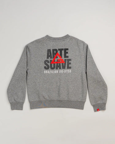 Back view of grey Arte Suave V2 kids crewneck sweatshirt by Gracie Barra, featuring large “Arte Suave” graphic with integrated flow pattern, Legacy G logo in red, and “Brazilian Jiu-Jitsu” text.