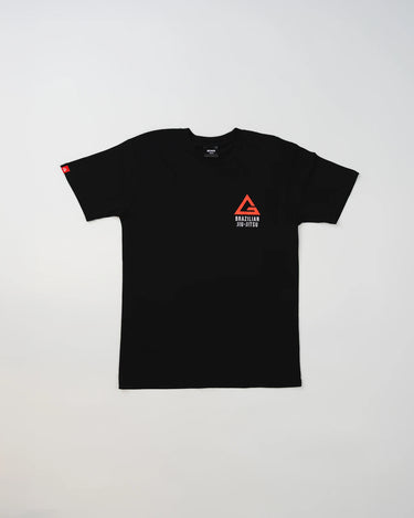 Black Arte Suave V2 kids’ T-shirt by Gracie Barra, featuring a red and white Legacy G chest logo with “Brazilian Jiu-Jitsu” text, displayed on a light gray background.
