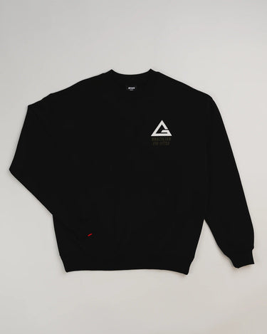 Black Arte Suave V2 men’s crewneck sweatshirt in French terry by Gracie Barra, featuring white Legacy G chest logo with “Brazilian Jiu-Jitsu” text and ribbed cuffs and hem.