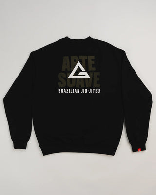 Back view of black Arte Suave V2 men’s crewneck sweatshirt in French terry by Gracie Barra, featuring bold “Arte Suave” text with white Legacy G logo and “Brazilian Jiu-Jitsu” lettering.