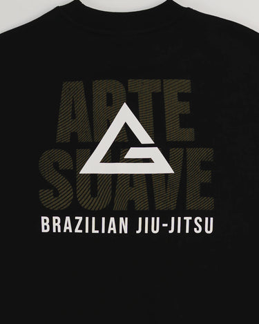 Close-up back view of black Arte Suave V2 men’s French terry crewneck by Gracie Barra, showcasing bold “Arte Suave” text with gold motion-inspired pattern, white Legacy G logo, and “Brazilian Jiu-Jitsu” lettering.