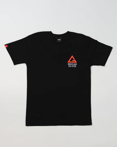 Arte Suave V2 men’s black T-shirt displayed flat, featuring a red Legacy G logo above “BRAZILIAN JIU-JITSU” text on the left chest, with a small red logo tag on the left sleeve, shown on a light gray background.