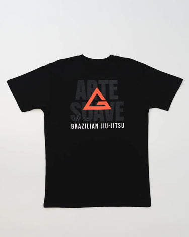Back view of Arte Suave V2 men’s black T-shirt with large red Legacy G logo, “ARTE SUAVE” text in dark gray, and “BRAZILIAN JIU-JITSU” text in white, displayed on a light gray background.