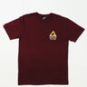 Front view of Arte Suave V2 men’s maroon T-shirt with yellow Legacy G logo and “BRAZILIAN JIU-JITSU” text in white on the left chest, displayed on a white background.