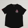 Arte Suave V2 women’s T-shirt in black by Gracie Barra, featuring a pink Legacy G logo above “Brazilian Jiu-Jitsu” text on the left chest and a red sleeve tag, displayed on a light gray background.