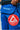Close-up of the red Gracie Barra logo patch on the thigh of blue Atleta competition gi pants, worn with a black belt and blue kimono jacket