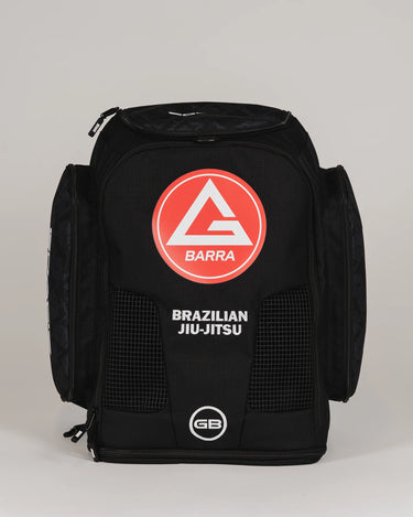 Front view of Black Barra da Tijuca Backpack featuring the red Barra shield logo and “Brazilian Jiu-Jitsu” text, designed for versatile everyday and training use.