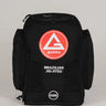 Front view of Black Barra da Tijuca Backpack featuring the red Barra shield logo and “Brazilian Jiu-Jitsu” text, designed for versatile everyday and training use.