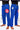 Traditional Pant and Evo Pant of the blue Gracie Barra Continuum Kimono side by side, showing the drawstring and elastic waistbands with red thigh patches.