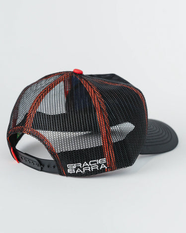 Rear view of black Equipe Motion Cap featuring white “Gracie Barra” embroidery on black mesh with red stitching, adjustable snapback, and red top button, photographed flat on a white background.