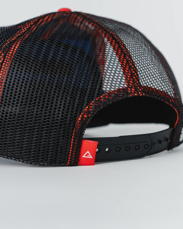 Rear view of black mesh Equipe Motion Cap with red stitched paneling, black snapback closure, and Legacy G tag detail, photographed on a white background.