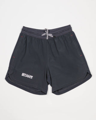 Equipe Motion Men’s Shorts in grey with 6-inch inseam, elastic waistband, and flat drawstring with silicone tips, featuring moisture-wicking quick-dry fabric and Gracie Barra stacked logo on the right leg.