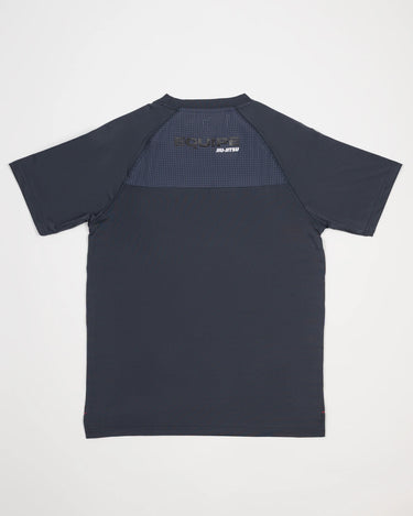 Back view of grey Equipe Motion Men’s Tee featuring mesh ventilation panel and reflective Equipe + Jiu-Jitsu branding.