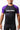 Model wearing the GB Essentials Ranked Rashguard in purple, front view of the black body with purple raglan short sleeves, EQUIPE Gracie Barra wordmark across the chest and red triangle logo at the neckline