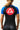 Back view of a woman wearing the GB Essentials Womens Ranked Rashguard in blue with large red Gracie Barra logo across the back