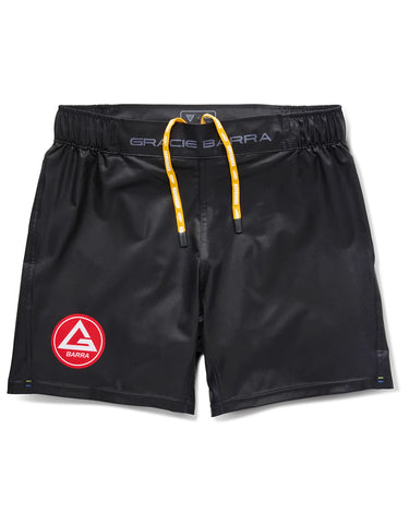 Front view of black Gracie Barra x Vanguard Evolution No Gi Shorts with yellow drawstring and red Barra Shield logo on left leg.