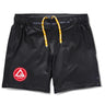 Front view of black Gracie Barra x Vanguard Evolution No Gi Shorts with yellow drawstring and red Barra Shield logo on left leg.