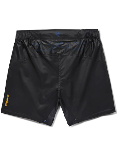 Back view of black Gracie Barra x Vanguard Evolution No Gi Shorts with tonal blue Vanguard branding across waistband and yellow “Equipe” detail on left leg.