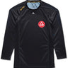 Black long-sleeve Gracie Barra x Vanguard Evolution rashguard with red Barra Shield logo on chest, tonal navy Vanguard branding on sleeves, and contrast stitching.
