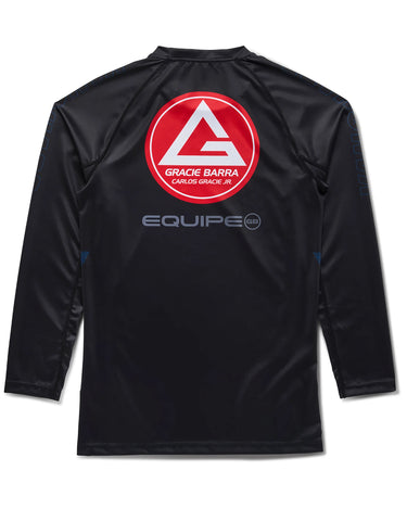 Back view of black Gracie Barra x Vanguard Evolution rashguard with large red Barra Shield logo, “Equipe GB” lettering, and tonal navy sleeve branding.