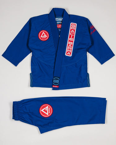 Blue GBK Lite Ripstop kids’ kimono set with Red Shield patches, front view.