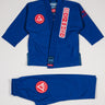 Blue GBK Lite Ripstop kids’ kimono set with Red Shield patches, front view.