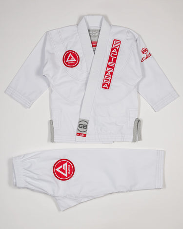Kids’ white GBK Lite Ripstop kimono set with Red Shield patches, front view.