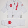 Kids’ white GBK Lite Ripstop kimono set with Red Shield patches, front view.