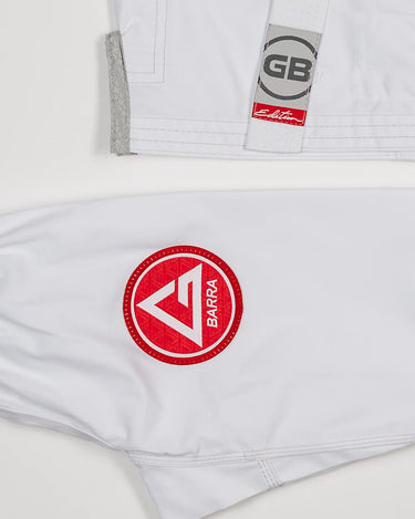 Detail of white GBK belt and Red Shield patch on pants of the kids’ kimono.