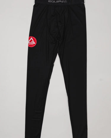 Black III Stripes Compression Pants by adidas featuring the red Gracie Barra patch on the thigh and EQUIPE waistband branding, displayed on a light background.