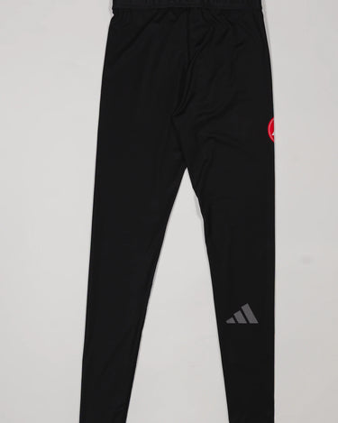 Back view of the GB x adidas III Stripes Compression Pants in black, featuring the Red Shield logo and adidas mark on a light gray background.