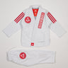 White GB x adidas III Stripes Youth Kimono laid flat on white background, featuring bold red 3-Stripes on shoulders and red Gracie Barra patches on jacket and pants.