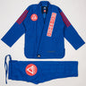 Blue GB x adidas III Stripes Women’s Kimono laid flat on white background, featuring bold red 3-Stripes on shoulders, red Barra Shield on chest, and Gracie Barra lapel patch with adidas Performance embroidery.