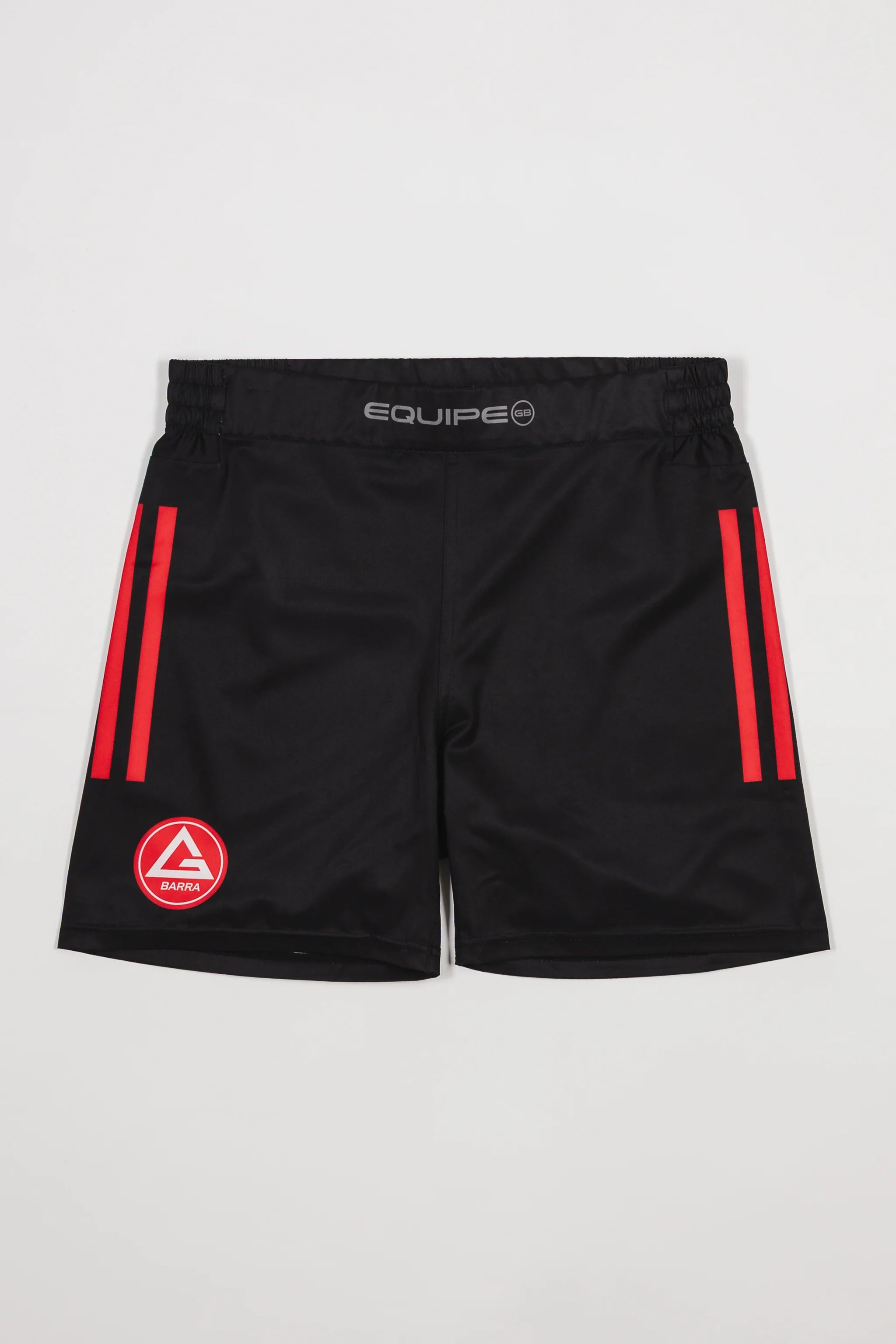 Flat lay of the GB x adidas III Stripes Training Shorts in black, featuring red side stripes, the Red Shield logo on the front leg, and “Equipe GB” branding on the waistband.