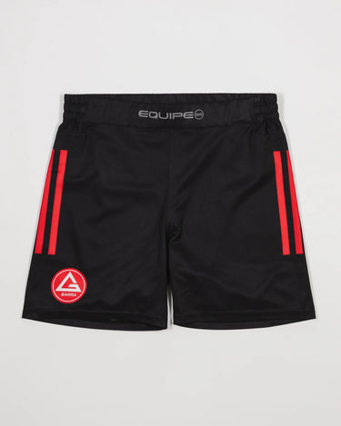 Flat lay of the GB x adidas III Stripes Training Shorts in black, featuring red side stripes, the Red Shield logo on the front leg, and “Equipe GB” branding on the waistband.