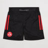Flat lay of the GB x adidas III Stripes Training Shorts in black, featuring red side stripes, the Red Shield logo on the front leg, and “Equipe GB” branding on the waistband.