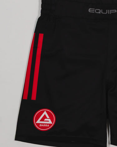 Close-up of the GB x adidas III Stripes Training Shorts in black, showing red side stripes, the Red Shield logo near the hem, and “Equipe GB” waistband detail.
