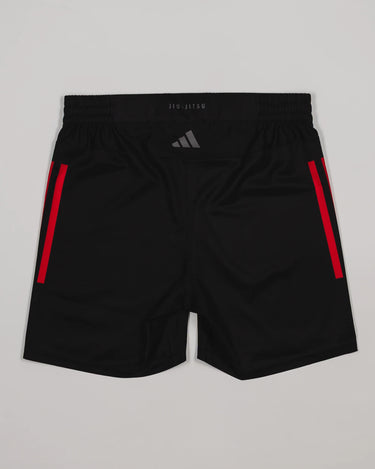 Back view of the GB x adidas III Stripes Training Shorts in black, featuring red side stripes, “Jiu-Jitsu” waistband detail, and adidas logo on the upper back.