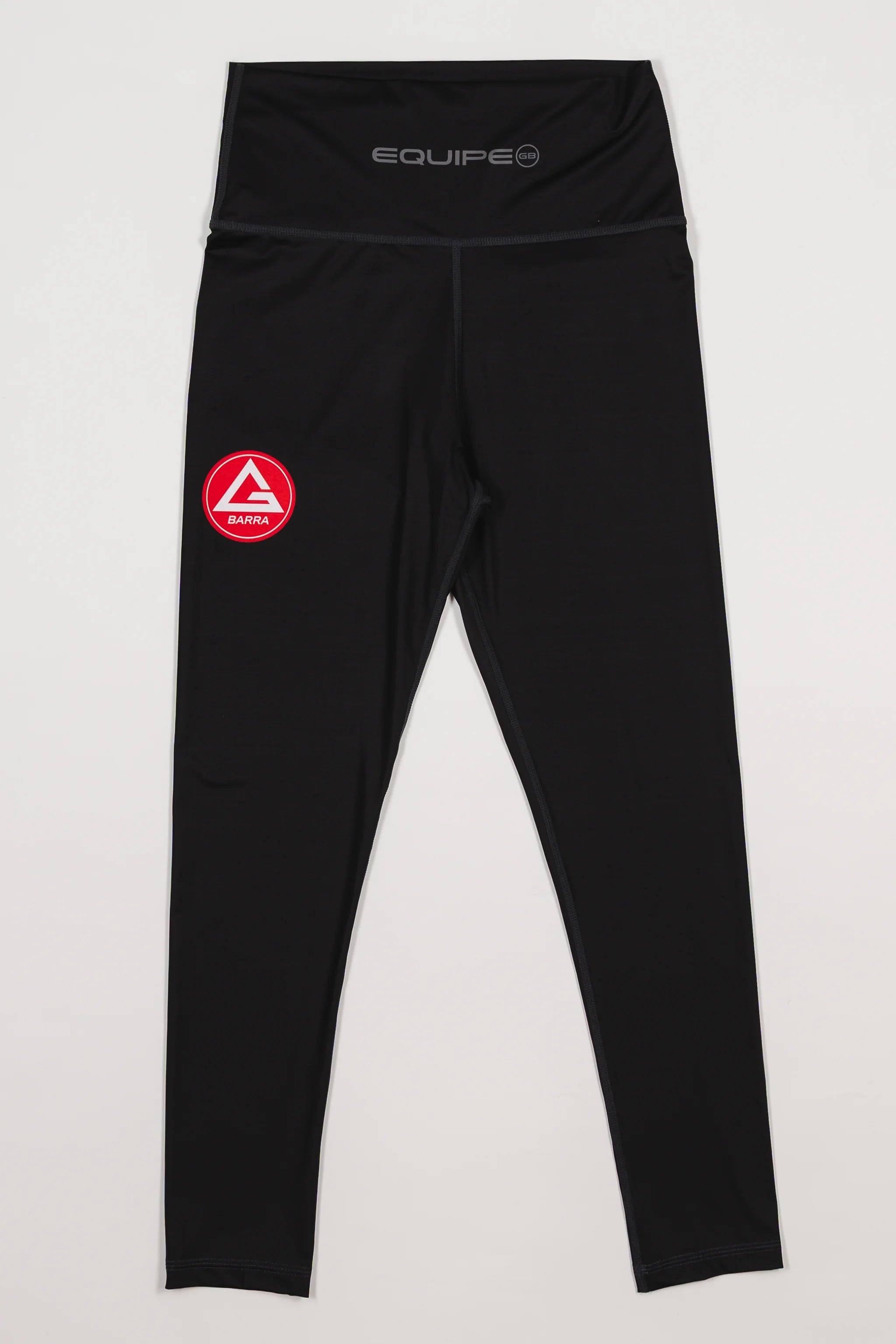 Front view of the GB x adidas III Stripes Women’s Compression Tights in black, featuring the Red Shield logo on the upper leg and “Equipe” branding on the waistband.