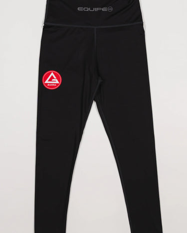 Front view of the GB x adidas III Stripes Women’s Compression Tights in black, featuring the Red Shield logo on the upper leg and “Equipe” branding on the waistband.