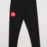 Front view of the GB x adidas III Stripes Women’s Compression Tights in black, featuring the Red Shield logo on the upper leg and “Equipe” branding on the waistband.