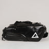 Black Legacy Travel Duffel shown from the side on a light gray background, featuring the white Legacy G logo and multiple zippered compartments.