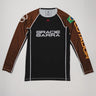 Full front view of the Lutador Longsleeve Ranked Rashguard in brown, featuring the black torso, brown raglan sleeves, Gracie Barra wordmark, Brazilian flag arm patch, and gold ‘Lutador’ sleeve print.