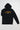 Layflat front of the navy Gracie Barra Lutador men's hoodie with gold LUTADOR chest print, kangaroo pocket, red woven hem tab and ribbed cuffs.
