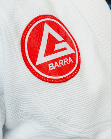 Close up of Gracie Barra Logo Patch with pearl weave fabric texture