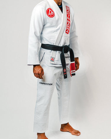 Right side AtletaGB V4 Kimono showing competition patches and embroidery