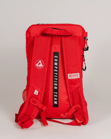 Back view of Red GB4 Kids Backpack from Gracie Barra Red Comp Collection, featuring “Competition Team” straps, GB patch detailing, and padded ergonomic design for comfort.
