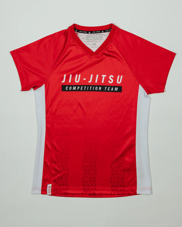 Front view of Red Comp Women’s Team Jersey featuring the official “Jiu-Jitsu Competition Team” graphic, white side panels, and tonal GB Red pattern.
