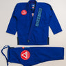 Blue Ripstop Lite Men’s BJJ kimono set by adidas and Gracie Barra, featuring military-grade ripstop jacket and drawstring pants with embroidered Red Shield patches.